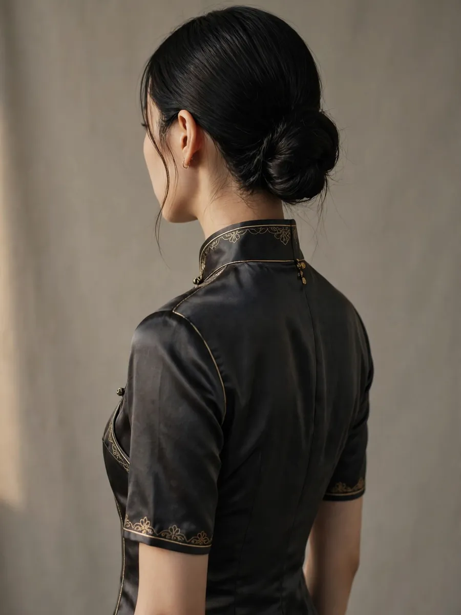 Woman in a bespoke black silk qipao