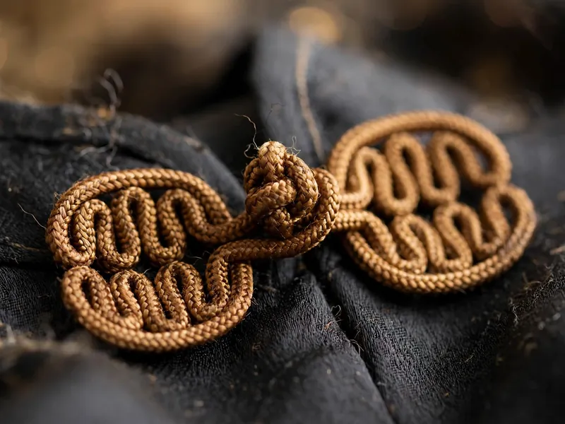 Hand-knotted frog buttons on dark silk