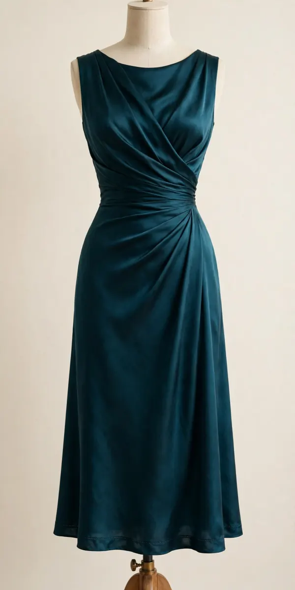 Deep teal silk dress with a reshaped draped waist