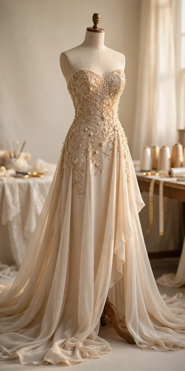 Champagne evening gown with hand-sewn beadwork and a flowing train