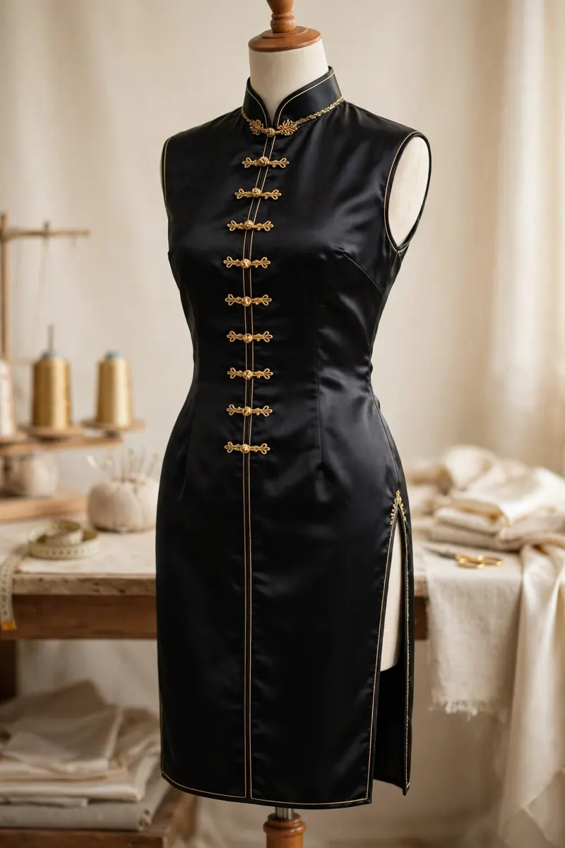 Black heavy-silk qipao with hand-knotted gold frog buttons